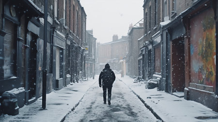 Generative AI UK- England- London- Empty sidewalk during heavy snowfallの素材