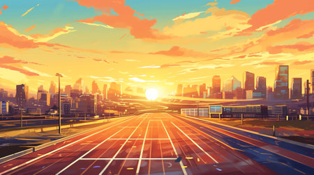 Generative AI Panoramic view of empty road side with city skyline. Sunset scene.の素材