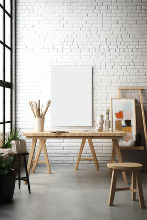 Generative AI Painting art studio at loft apartment. Empty cozy workplace. Clear canvas on easel andの素材