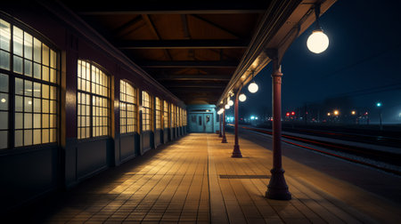 Generative AI Empty train station at nightの素材