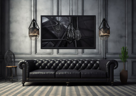 Generative AI Black leather coach in modern interior with wall. 3d renderingの素材