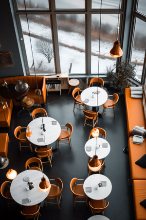 Generative AI Chairs and Stools Stacked on Tables in an Empty Closed Restaurant during Covid-19 Pandの素材