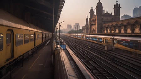 Generative AI Stock photo of empty railway station or platform under gray color shelter, steel and wの素材