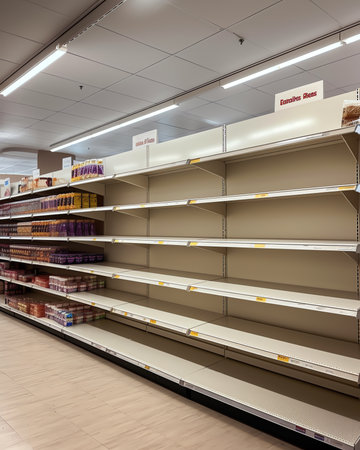 Generative AI Berlin, Germany, 04.03.2020: Empty shopping shelves in the supermarket. Customers buyの素材