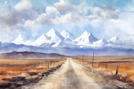 Generative AI empty asphalt road and snow mountains in blue cloud skyの素材