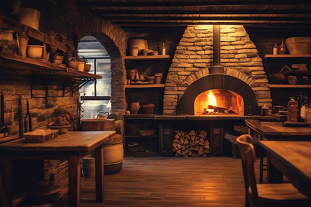 Generative AI Pizzeria or cozy family cafe with oven for pizzaの素材