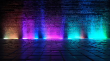 Generative AI Light effect, blurred background. Wet asphalt, night view of the city, neon reflectionの素材