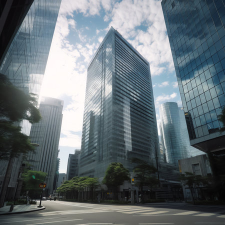 Generative AI buildings and clean road reflected on the glass wallの素材