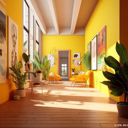 Generative AI Realistic 3D render empty blank modern mustard yellow apartment with bright blue foldiの素材