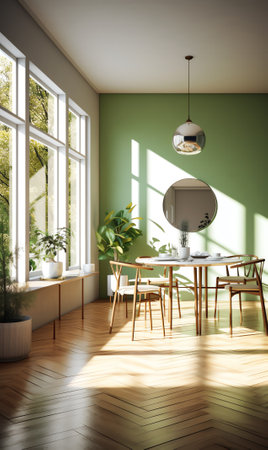 Generative AI 3d rendering of interior. Green wall, Light wood floor and Sunlight shining in the rooの素材