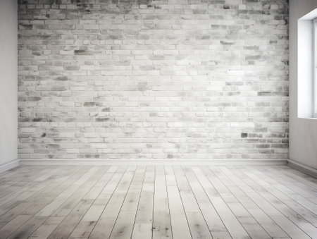 Generative AI White empty place with wooden floors and brick wall. Mock up template for display or mの素材