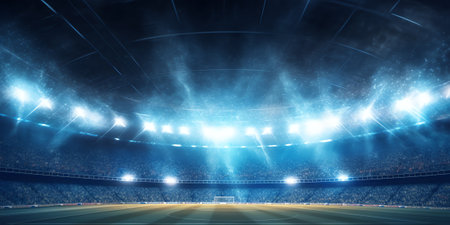 Generative AI Stadium Lights against Dark Night Sky with Copy Spaceの素材