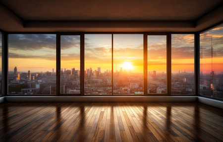 Generative AI cityscape and skyline of downtown in sunset day on view from empty floor backgroundの素材