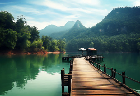Generative AI Empty square platform and green mountain with lake natural sceneryの素材