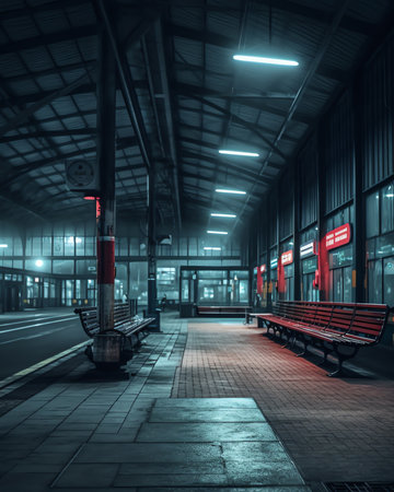 Generative AI Empty train station at nightの素材