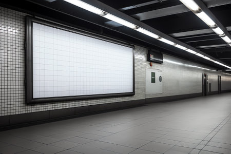 Generative AI Blank billboard poster stand mock up on platform of raillway station. 3d illustration.の素材