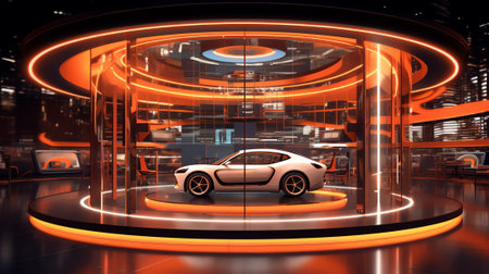 Generative AI Sci Fi Futuristic Modern Parking Neon Glowing Laser Orange Yellow Cement Concrete Reflの素材