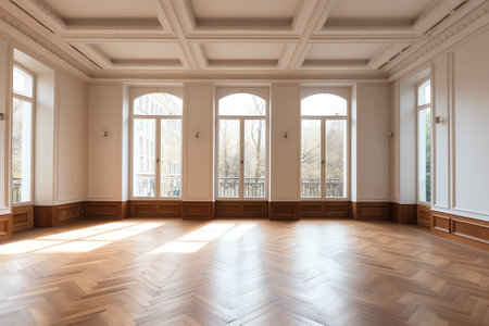 Generative AI Parquet floor in light spacious empty roomの素材
