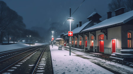 Generative AI An empty train station in winter covered in snow out of focus seen from outside througの素材