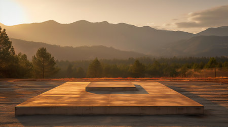 Generative AI Empty square floor and green forest with mountain scenery under blue skyの素材