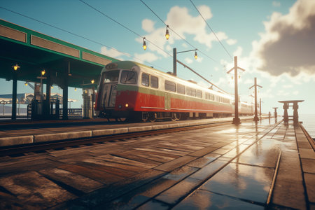 Generative AI Railroad station platform in a sunny day background, cloudy sky, sun flares