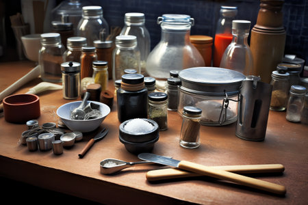 Generative AI Variety of utensils on counter in commercial kitchenの素材