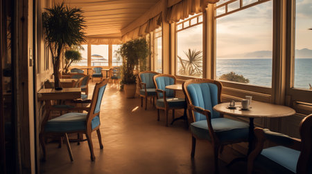 Generative AI Empty restaurant terrace with tables and chairs Valleta Malta. Lockdownの素材