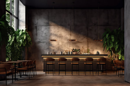 Generative AI cement counter nightclub with seat bar stool and brick wall backgroundの素材