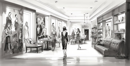 Generative AI Shopping mall graphic black white interior sketch illustration vectorの素材