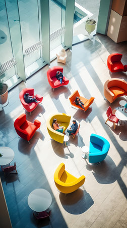 Generative AI Primary colored seats in an airport terminalの素材