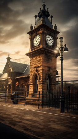 Generative AI Clock at empty platform at Vitebsk railway station in St.-Petersburg, Russia.の素材