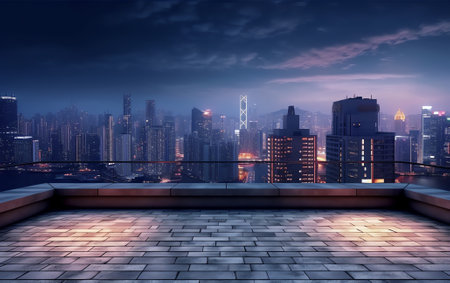 Generative AI Panoramic Bangkok skyline view, concrete observatory deck on rooftop, night time. Asiaの素材