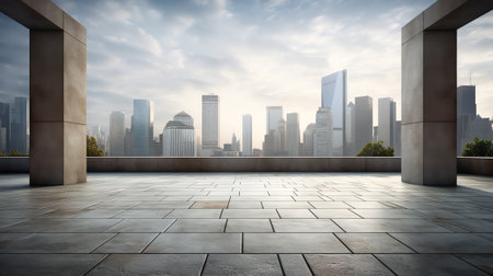 Generative AI Balcony empty brick platform with sunrise scene city skylineの素材