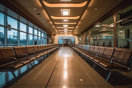 Generative AI Empty waiting room in the departure lounge terminal at the airport next to the gates oの素材