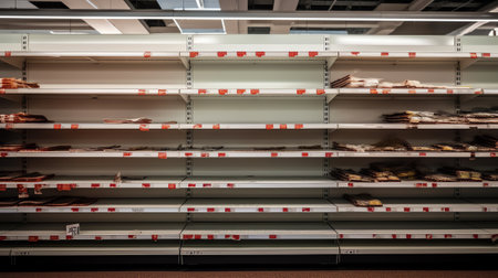 Generative AI supermarket shelf in perspective with blank round wobblerの素材