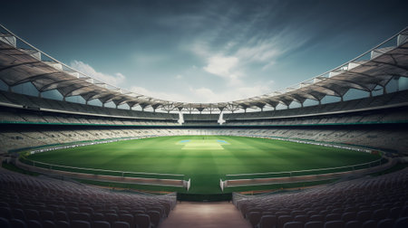 Generative AI Cricket Stadium Front view on cricket pitch or ball sport game field, grass stadium orの素材