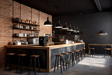 Generative AI Brick and black loft bar interior with a concrete floor, a bar with stools and woodenの素材