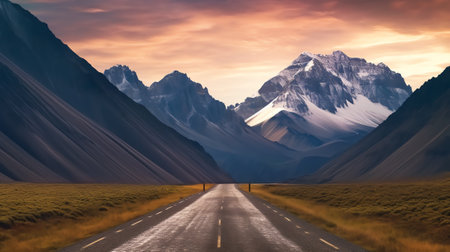 Generative AI Empty asphalt road and mountain scenery at sunriseの素材