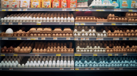 Generative AI Empty egg shelves in a grocery store or supermarket. Hoarding food due to Coronavirusの素材