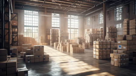 Generative AI Empty office space in warehouse with carton boxes, desk with laptop and retail store pの素材
