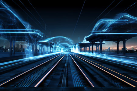 Generative AI Railway stopping platforms. Train waiting point. Polygonal construction of interconnecの素材