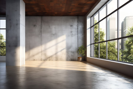 Generative AI Perspective view of empty concrete floor with cement structure and wooden wall buildinの素材
