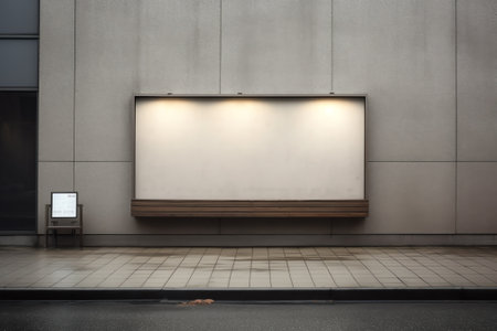 Generative AI Front view on empty shop window with slatted wall background and blank stand behind glの素材