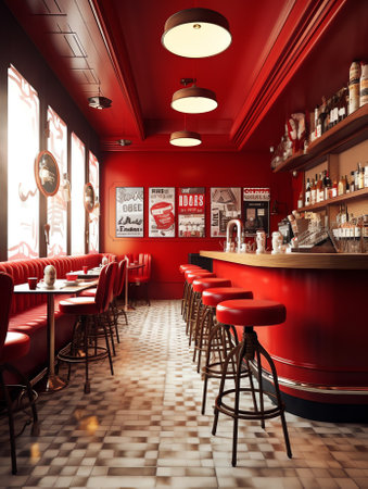 Generative AI Row of tables, red seats and bar counter with red tall chairs in empty cozy restaurantの素材