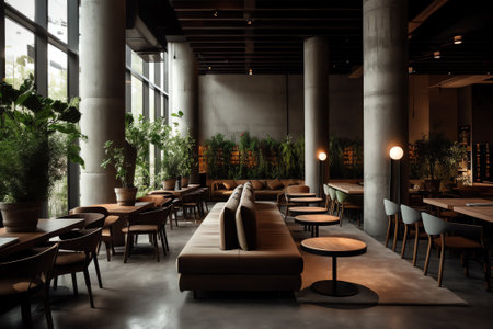 Generative AI Restaurant in a modern style with textured walls and a parquet. There are gray sofas wの素材