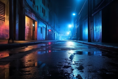 Generative AI A dark empty street, dark blue background, an empty dark scene, neon light, spotlightsの素材