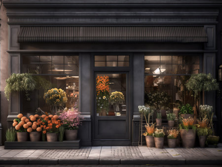 Generative AI 3D rendering of a traditional storefront faÃ§ade with dark gray wood.の素材