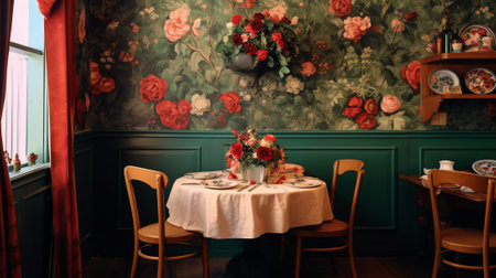 Generative AI Interior of empty restaurant with floral wallpaperの素材