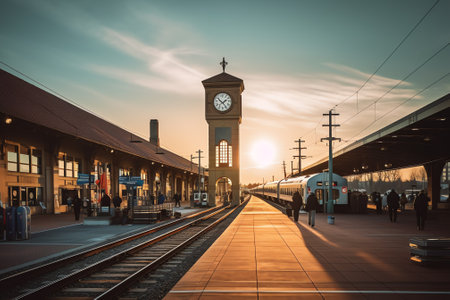 Generative AI Early morning at the railroad stationの素材
