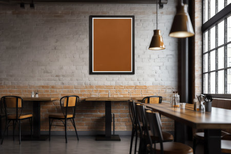 Generative AI Corner of bar with window, stools and square tables. Vertical poster on white brick waの素材